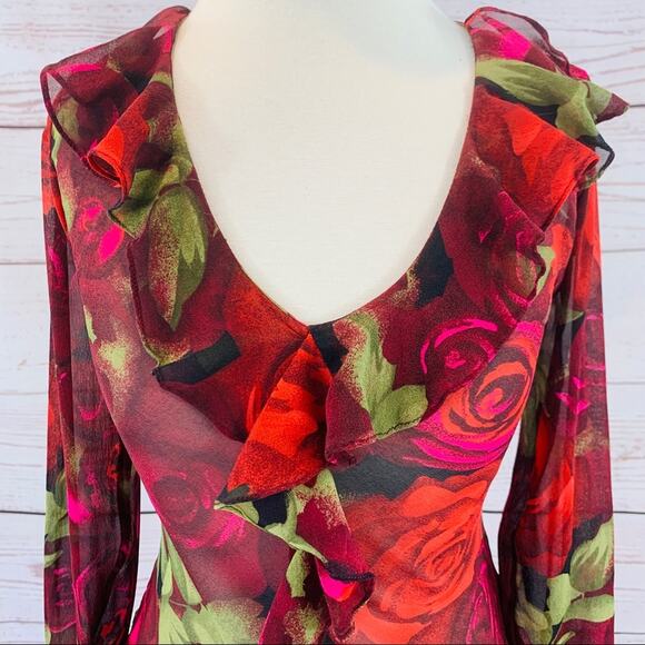 Cache sheer floral rose red black ruffle neck - Picture 2 of 9